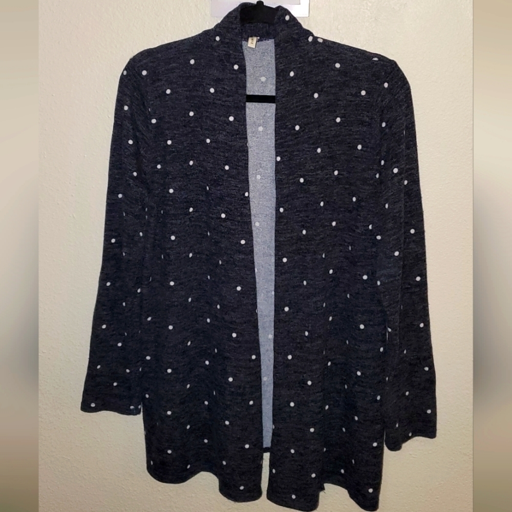Bellamie XL gray with white polka dots and elbow patches open front cardigan